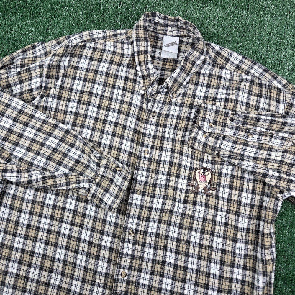 Vintage Warner Bros Studio Store Taz Plaid Button Down Shirt Mens Tan Black XL